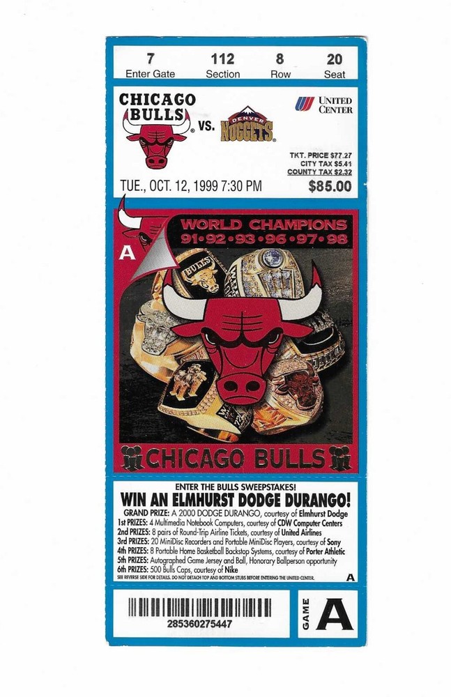 Неиспользованный баскетбольный билет Chicago Bulls против Denver Nuggets от 10/12/1999