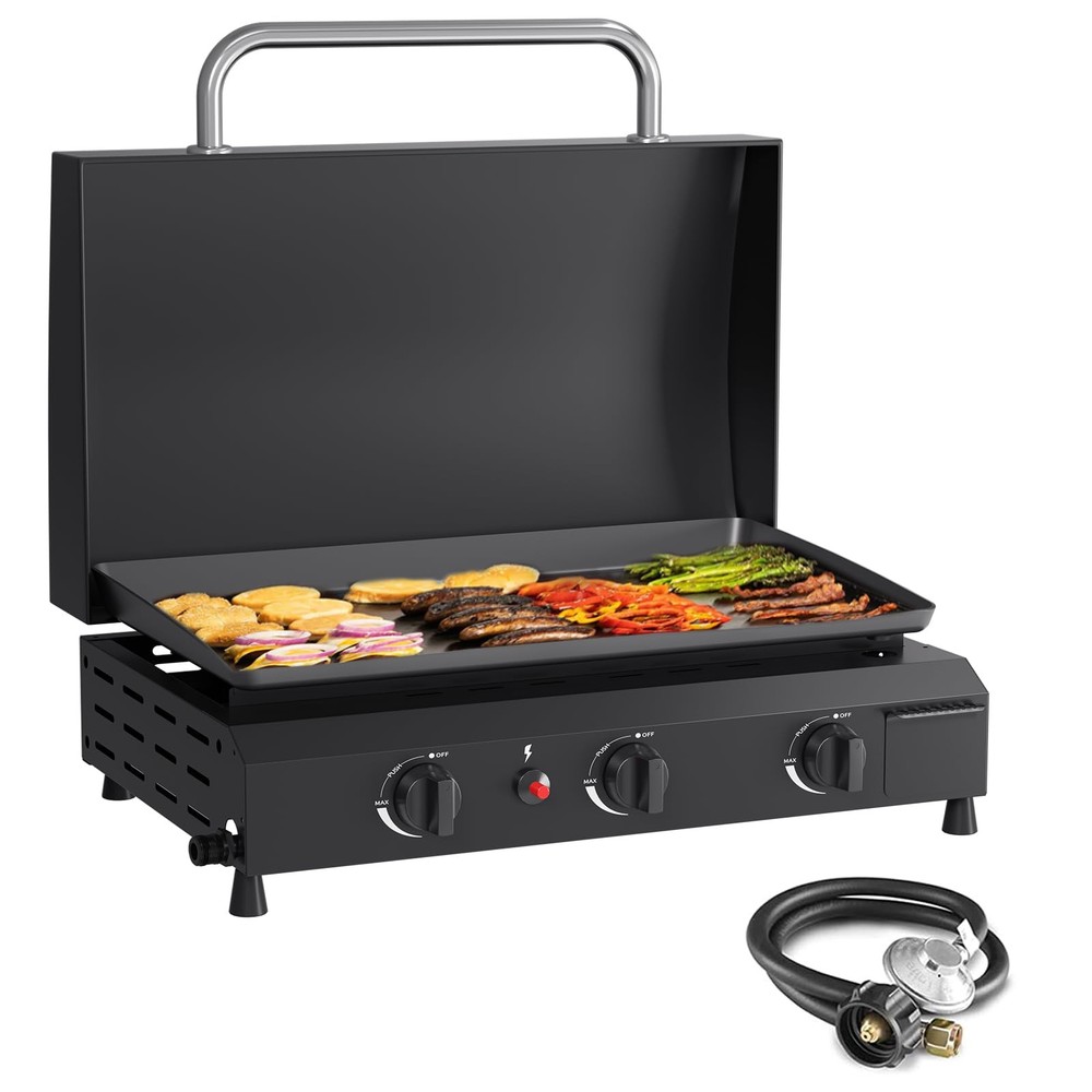 3 Burner Gas Griddle with Hood- 23.3 Inch Outdoor Propane Griddle-45000 BTU P...