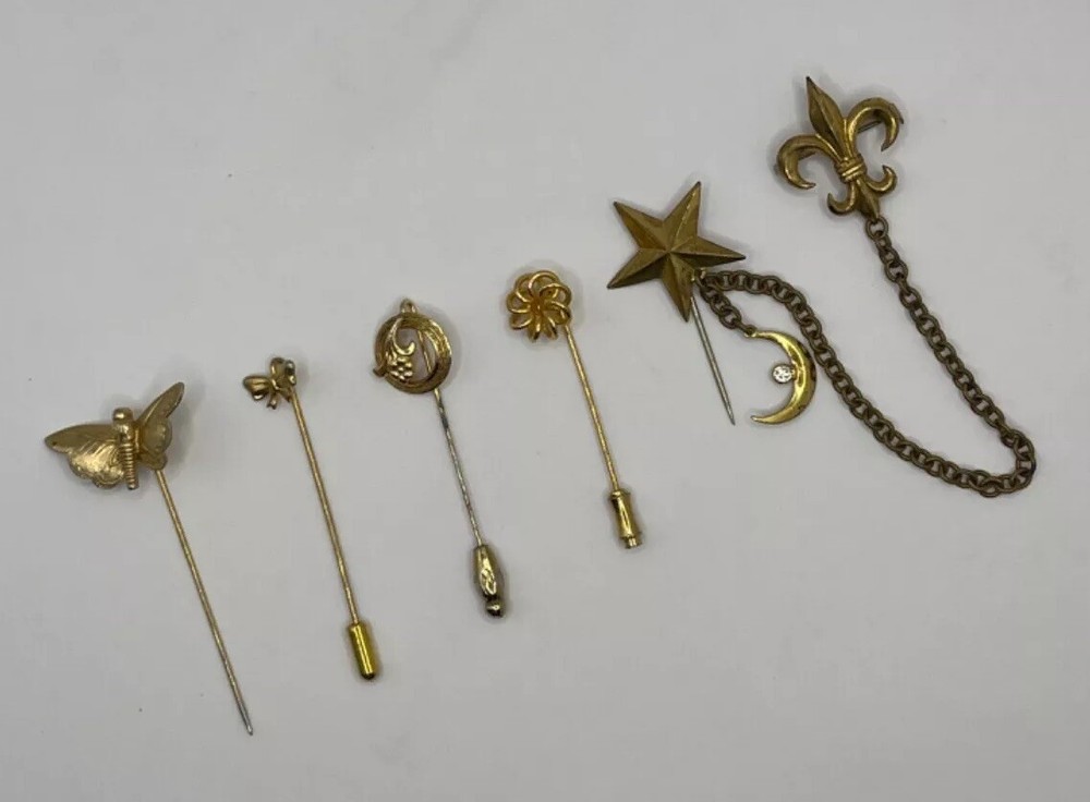 Lot of 5 Vintage Gold Tone Decorative Hat Stick Lapel Pins