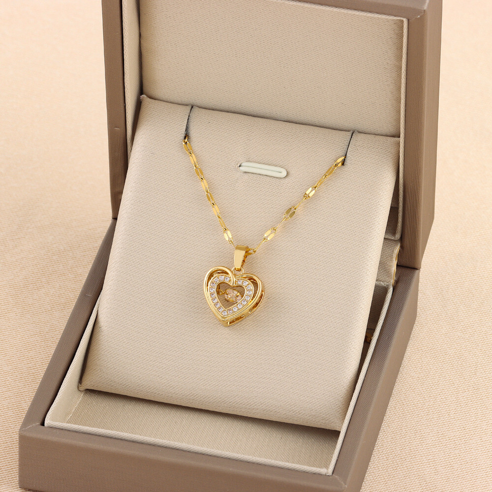Valentines Day Gift Double-layer Love Pendant Titanium Steel Gold Necklace-image