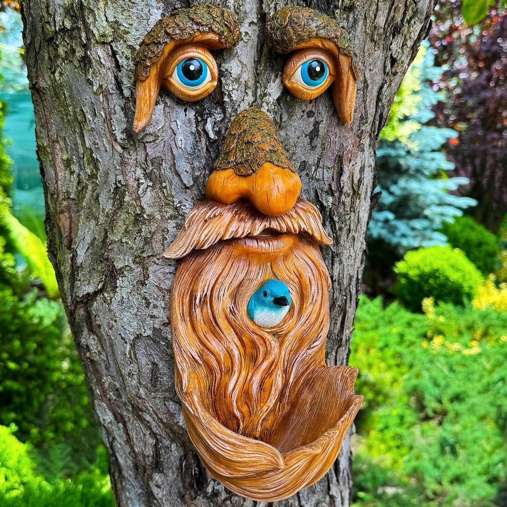 Old Man Tree Face Bird Feeder Outdoor Garden Decor with 3 Mood Expressions