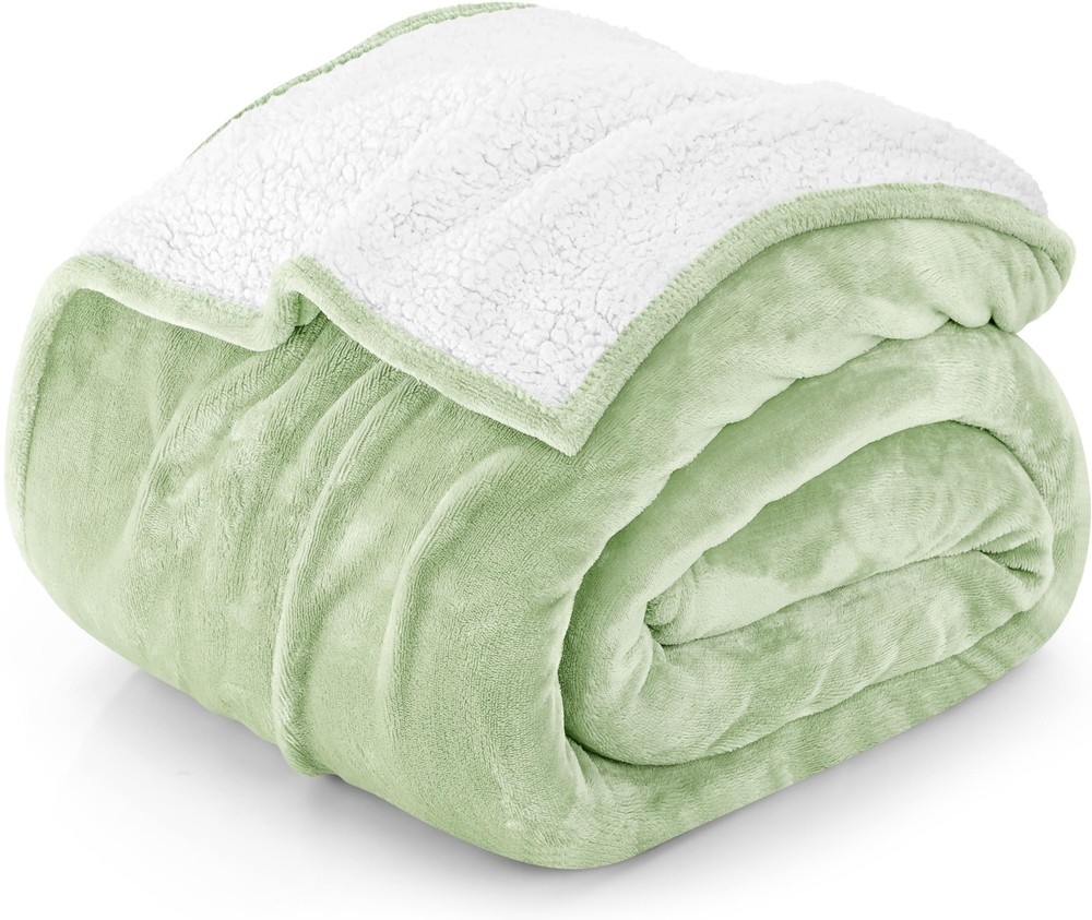 Soft Lightweight Sherpa Full Size Blanket, Sage Green, 90x84 Inches, Plush Cozy Comfort