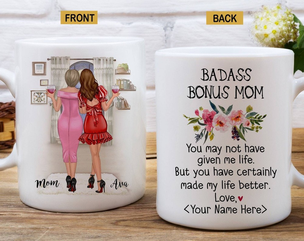 Personalized Badass Bonus Mom Coffee Mug Custom Stepmom Ceramic Mug Mother