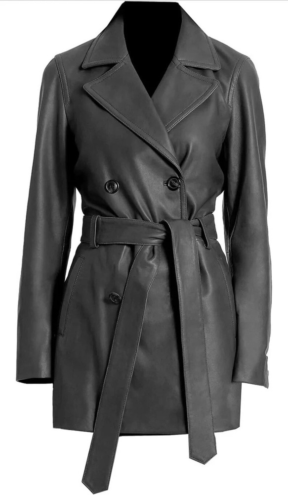 Women's Vintage Leather Trench Coat 100% Pure Lambskin Black Classic Jacket Coat