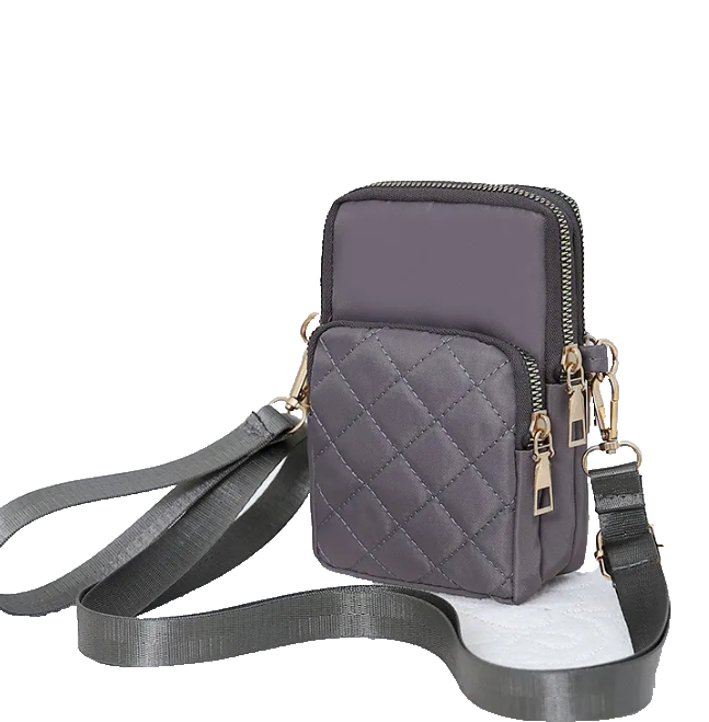 Gray Quilted Light Nylon Adjustable Strap Crossbody Bag Cell Phone Wristlet