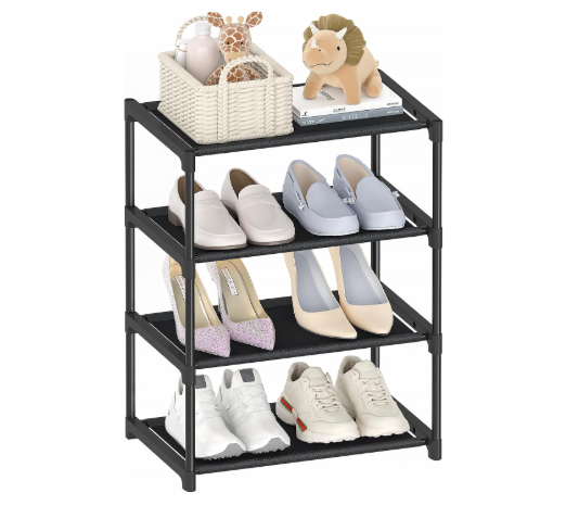 4 Tier Small Shoe Rack, Narrow Stackable Shoe Storage Organizer Shelf