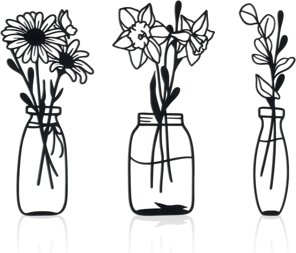 Zzbakress 3 Piece Metal Flowers and Vases Wall Decoration Style 1, Black