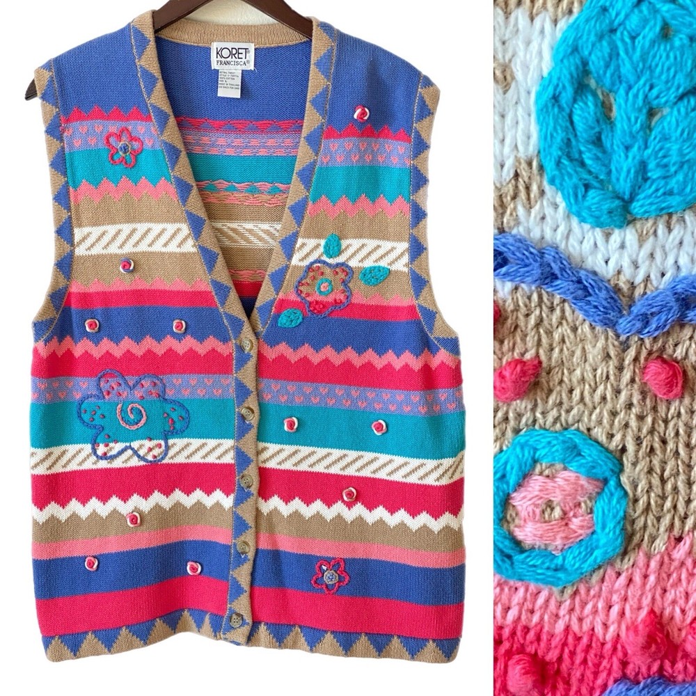 Knit Sweater Vest Embroidered Embellished Colorful Cottagecore Grannycore Sz L