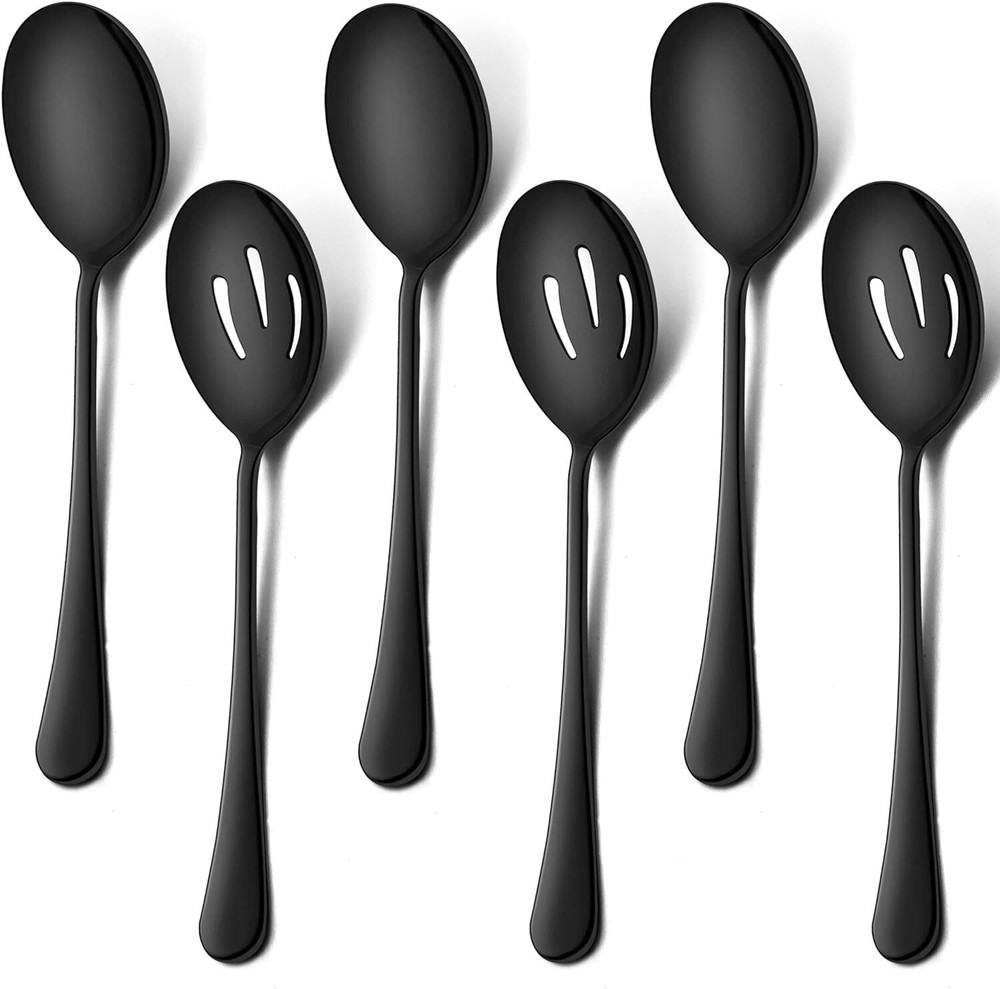 6-piece Black Slotted Serving Spoons Stainless Steel Utensils