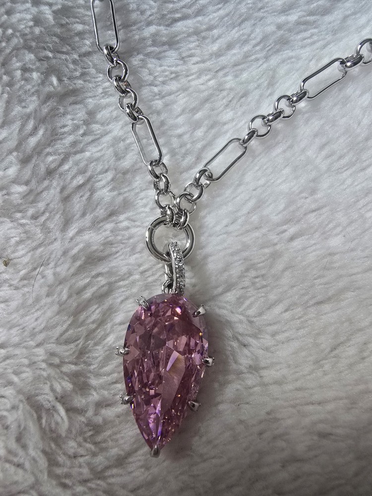 Bomb Party Silver Cable Chain Necklace with Pink Teardrop Charm Pendant  Setting