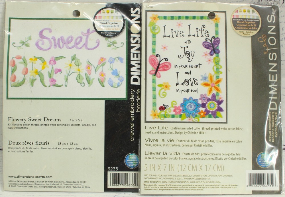 2 Dimensions Crewel Embroidery Kits 6235 Flowery Sweet Dreams & 6231 Live Life