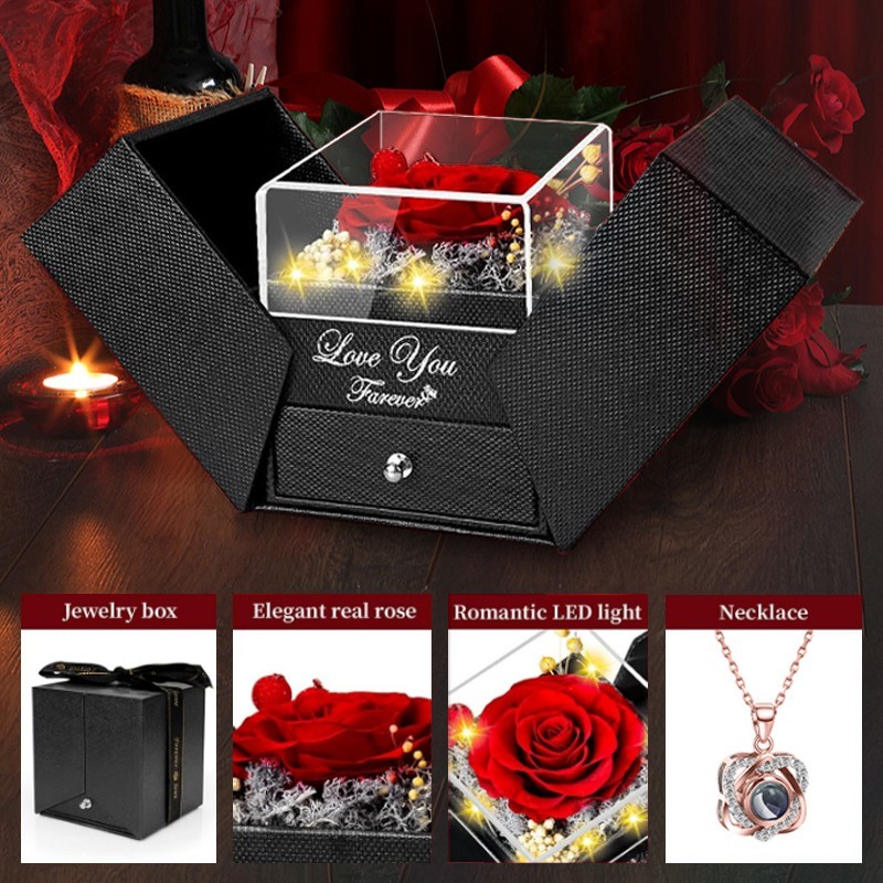 Preserved Real Rose Box Eternal Rose Flower With Necklace Red Rose Gift Box NEW