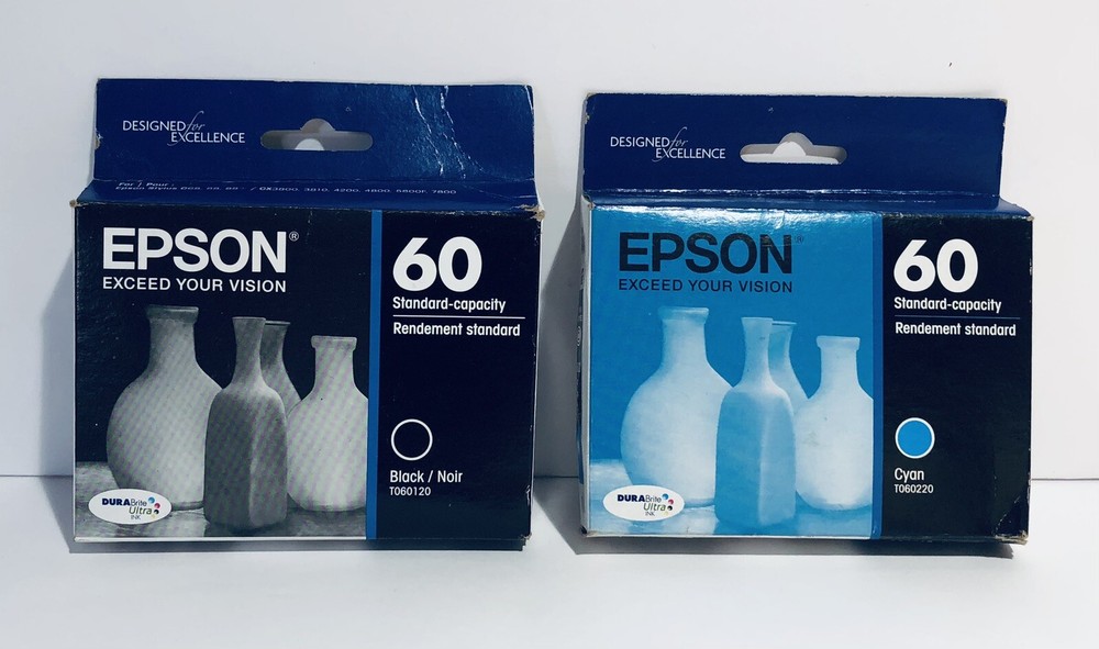 Lot Of 2 Epson 60 InkCartridges Exp 2013 Black & Cyan Aero 2018/2019 New Sealed