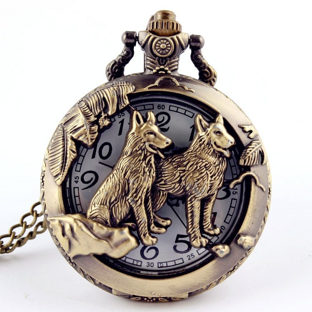 Antique Animal-Themed Pocket Watch with Quartz Movement and Standard Chain