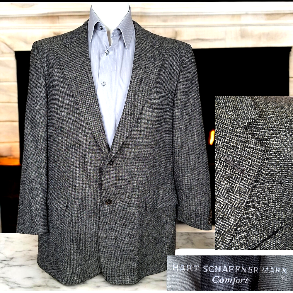 Hart Schaffner Marx Sport Coat Blazer Mens 46R Gray Check Single Vented