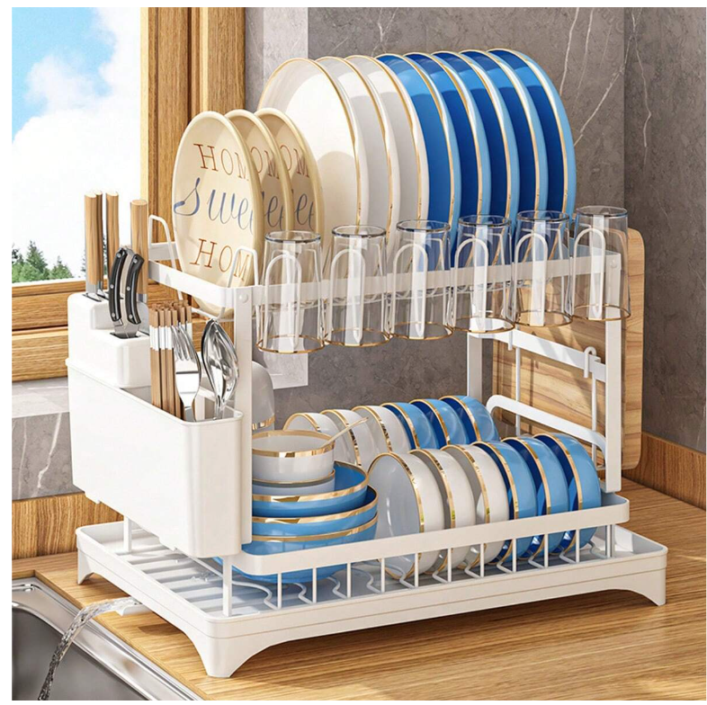 Dish Drying Rack Drainage Tray 2-Tier Stainless Steel Dish Racks Kitchen Shelf W