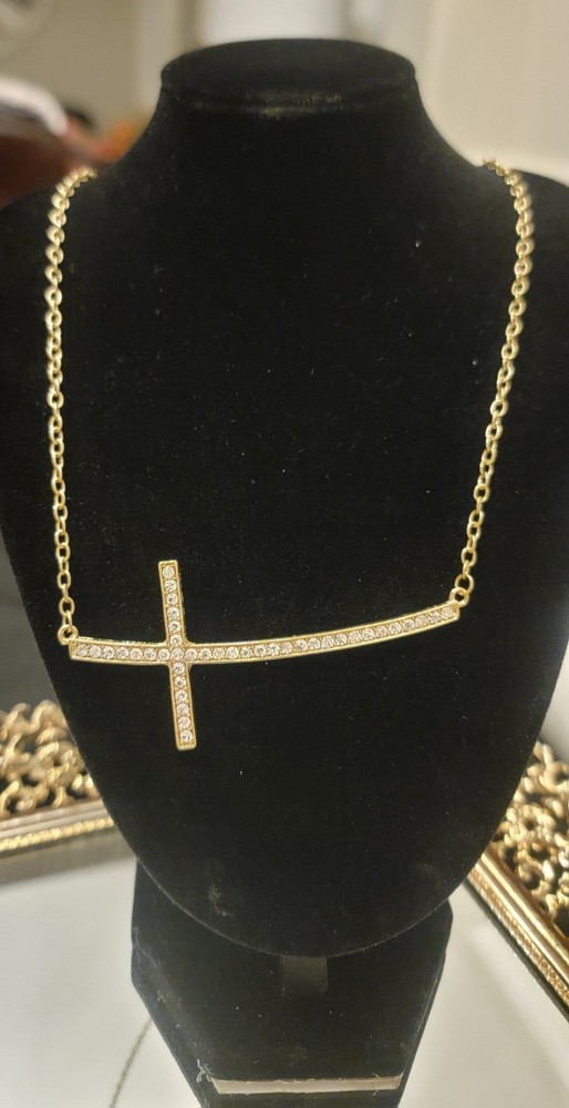 Gold Tone Sideways Cross Necklace