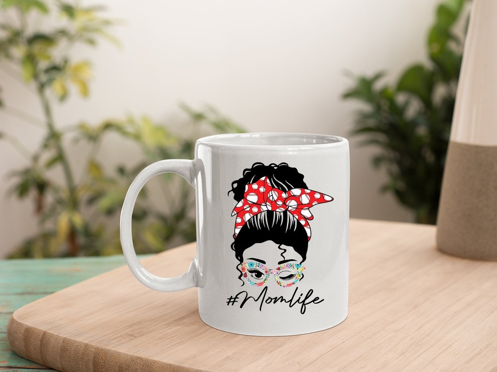 Baseball Mom Life Mug with Floral Glasses and Messy Bun for Mother's Day