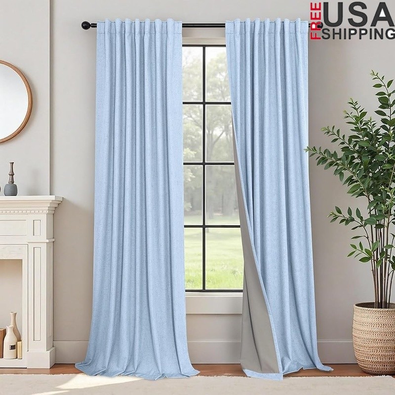 Blackout Thermal Insulated Curtains Faux Linen Room Darkening Drapes Panels New