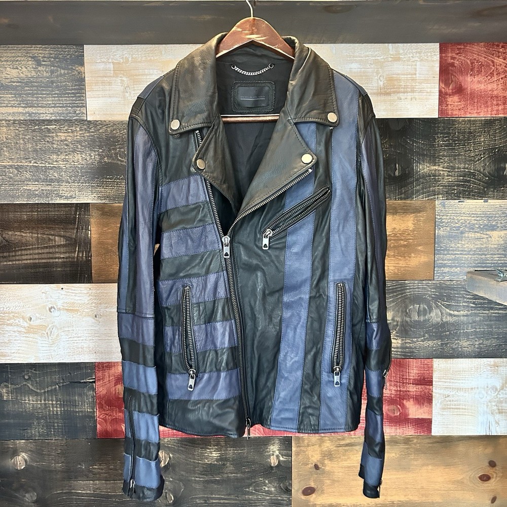 Diesel Black Gold Leather Hacker Stripe Blue Motorcycle Size 52 Men