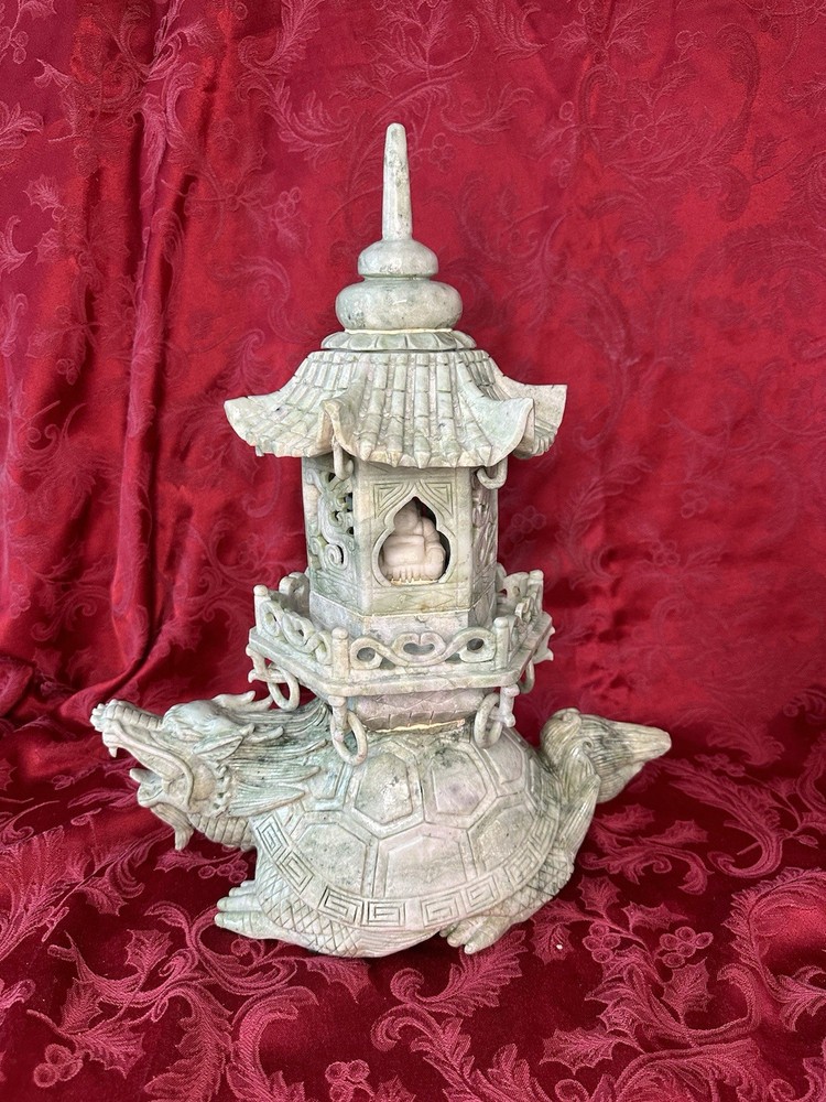 Large Chinese Bixi Pagoda Sculpture – Hand-Carved Jade Serpentine, 17.5″ , 10kg