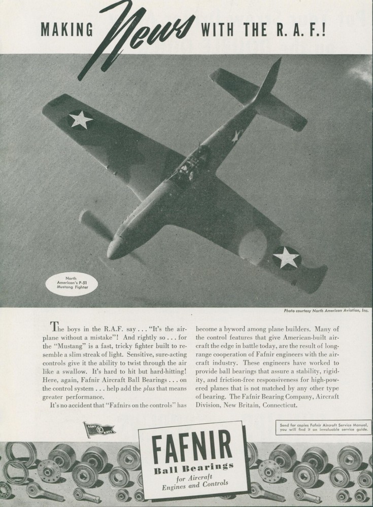 1943 WWII P-51 Mustang Fighter Flight North American Aviation RAF Fafnir Ad AD1