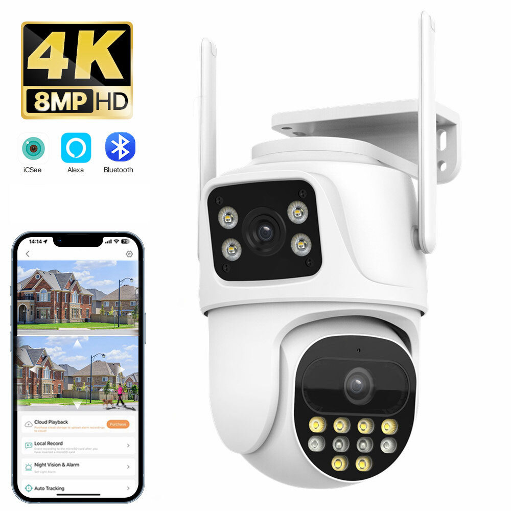 Wifi Security Camera Dual Lens 8MP 4K Night Vision AI Auto Tracking icsee App