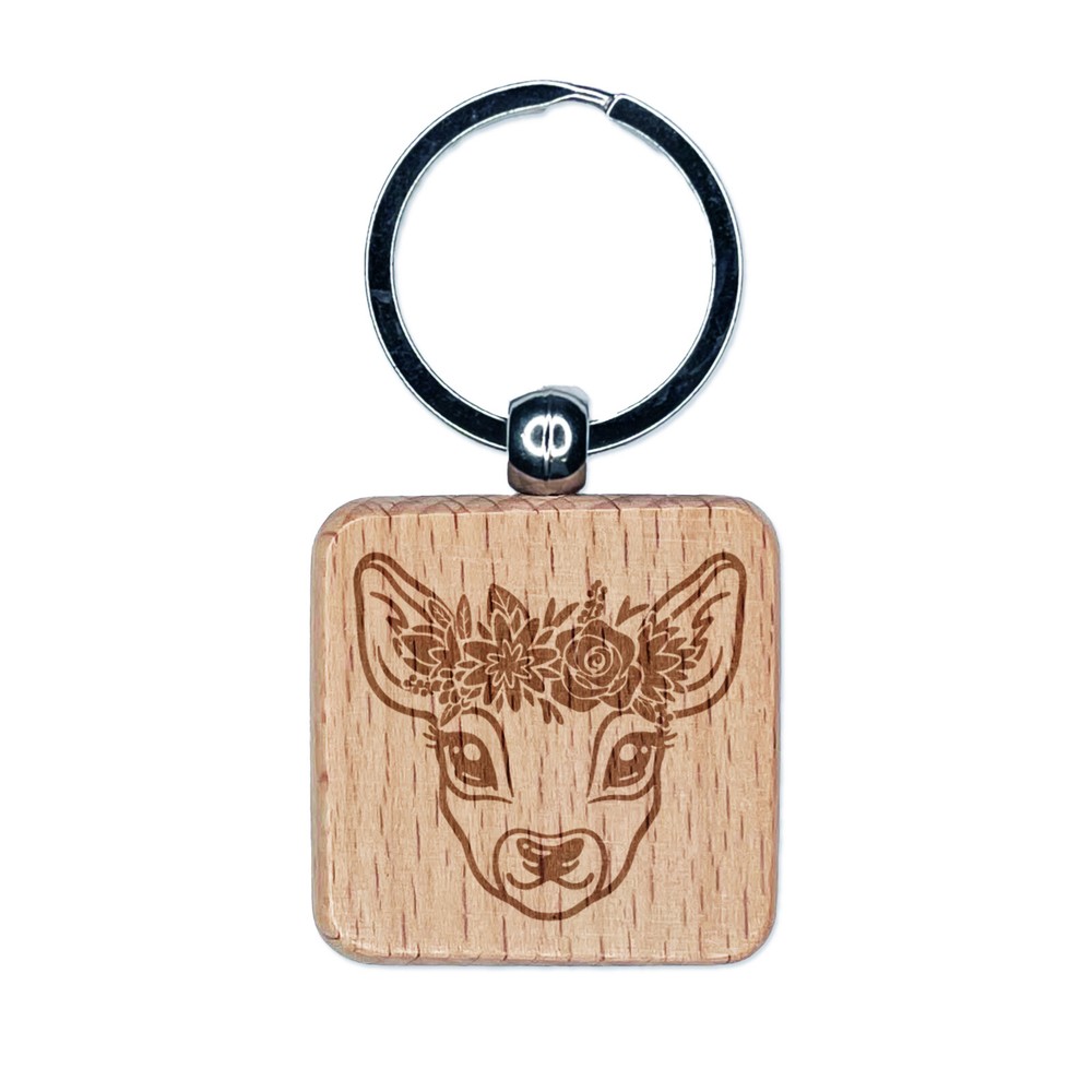 Deer Doe Wearing a Flower Crown Engraved Wood Square Keychain Tag Charm