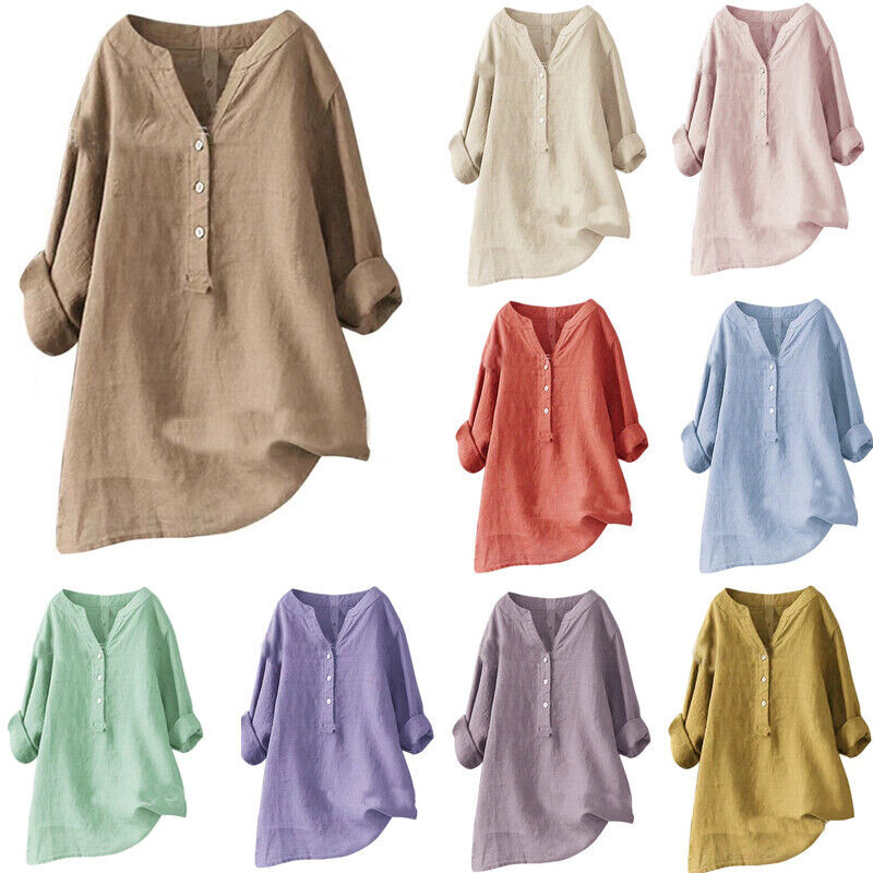 Womens Long Sleeve Button T-Shirts Tops Ladies V Neck Casual Blouse Plus Size