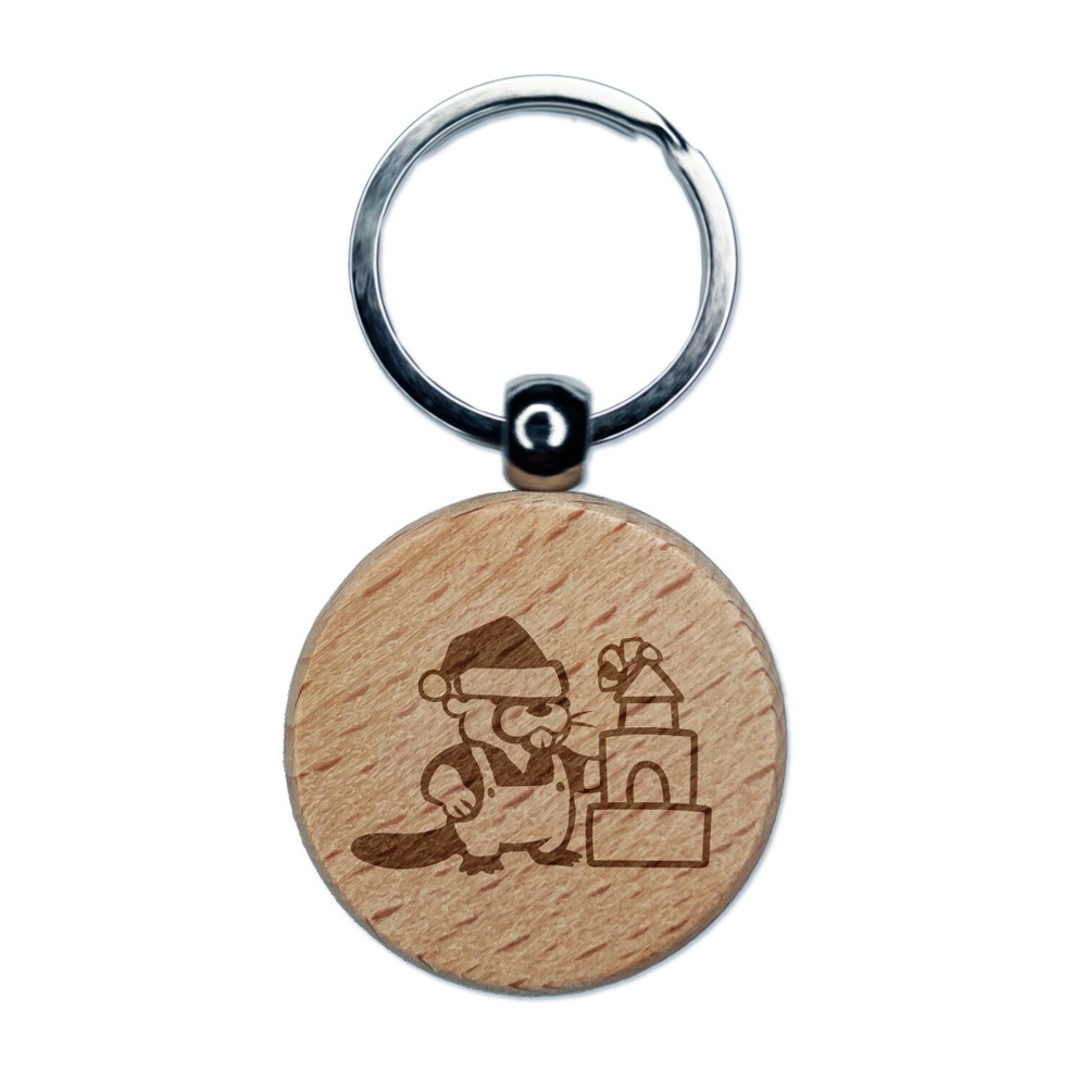 Christmas Santa Beaver Engraved Wood Round Keychain Tag Charm