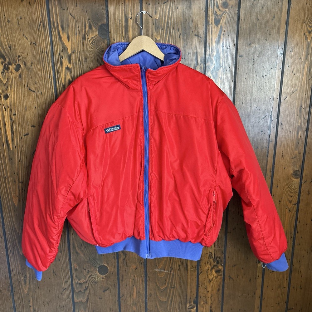Vtg 90s Columbia Reversible Nylon Puffer Jacket Red/Royal Blue Large Gaper Ski