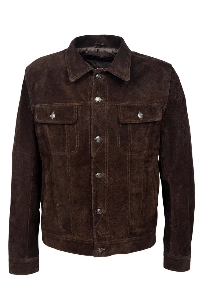 Men's Dark Brown Trucker Suede Leather Jacket - Western Cowhide  Bomber Jacket