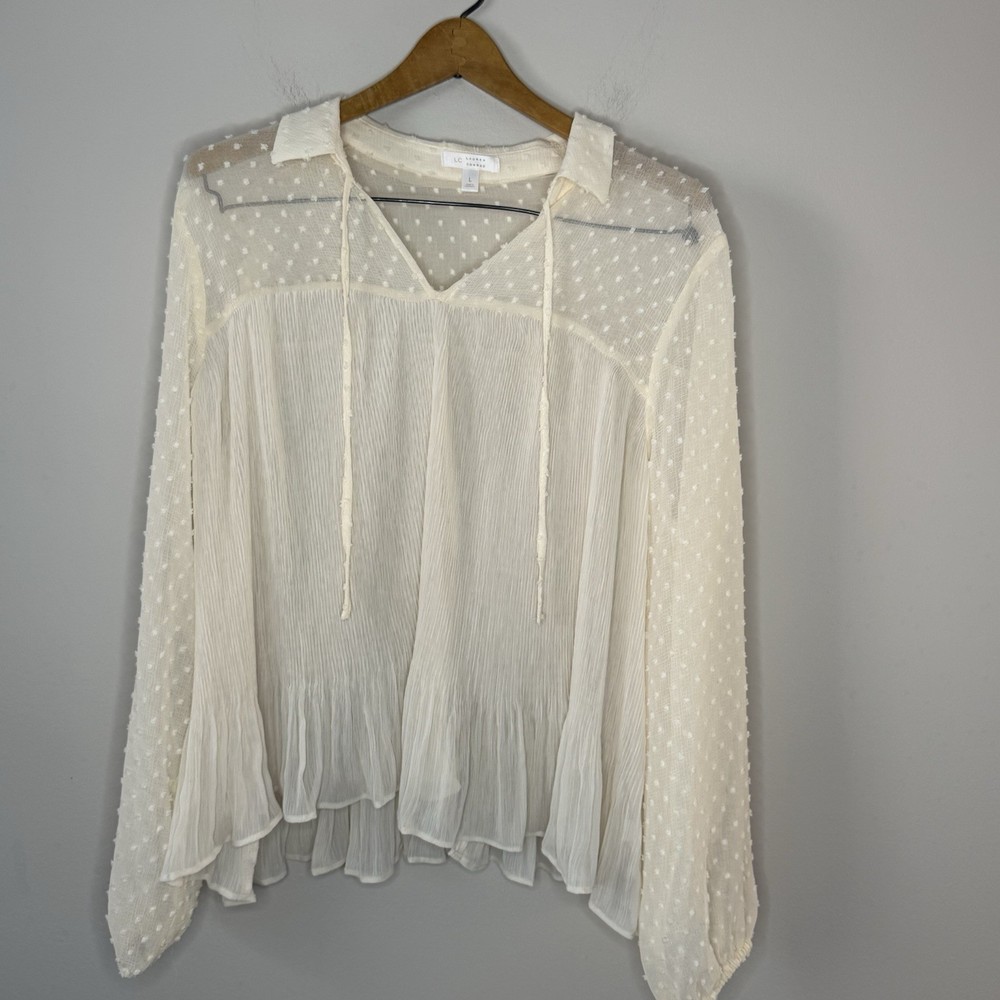Lauren Conrad Women’s Long Sleeve Cream Nude Sheer Top Blouse Pullover Size L
