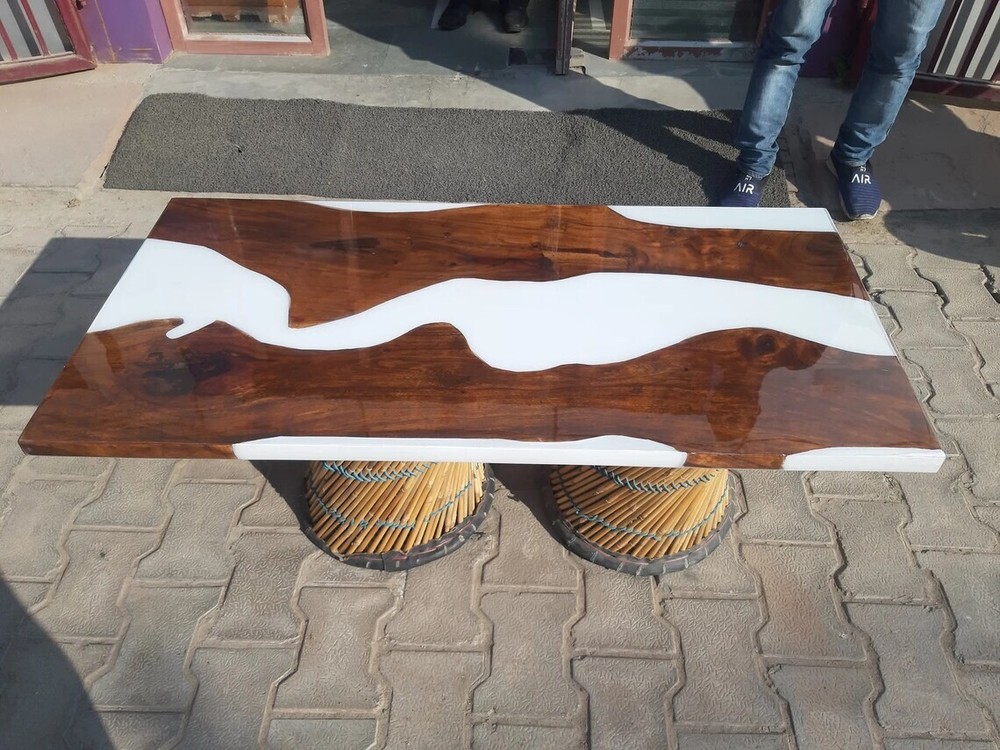 White Resin River Epoxy Dining Table Top handmade Wooden Furniture For Home Deco