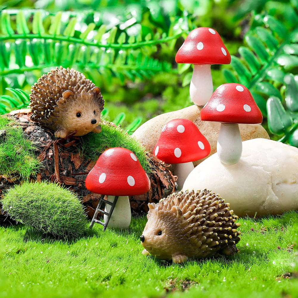 Resin Hedgehog and Wood Mushroom Sculpture Set for Fairy Gardens 6-Piece Wild Garden Decor