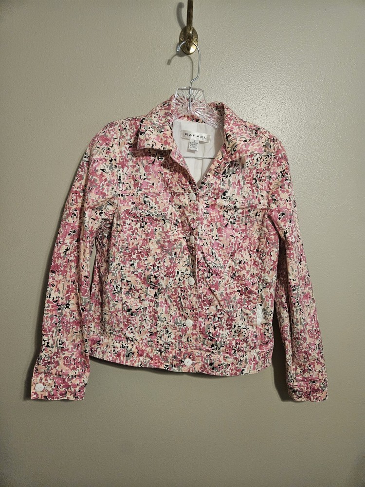 Rafaella Womens Pink Floral Jacket Buttons & Collar Lined Front Pockets Size 6