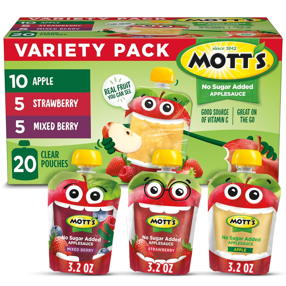 No Sugar Added Applesauce Variety Pack, 3.2 Oz Clear Pouches, 20 Pack,