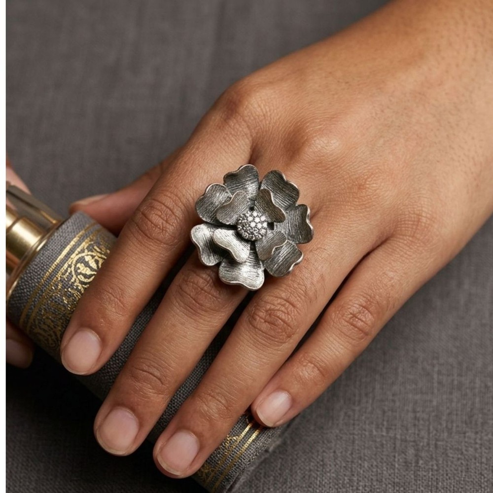 Large Silver Flower Statement Ring Adjustable Cocktail Jewelry Textured Petals
