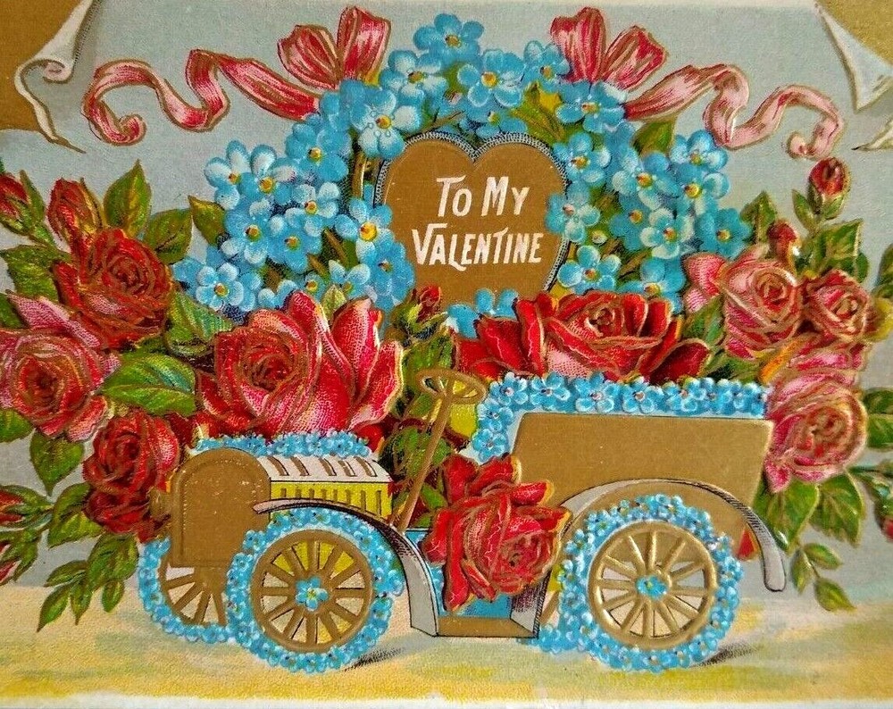 To My Valentine Postcard Automobile Car Jalopy With Flowers Roses Deep Embossed