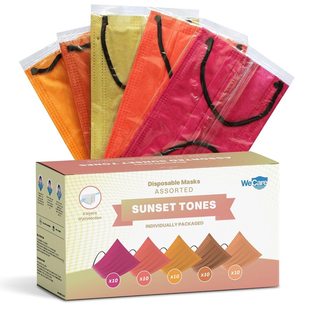 Disposable Face Mask Individually Wrapped 50 Pack, Assorted Sunset Tones WECARE