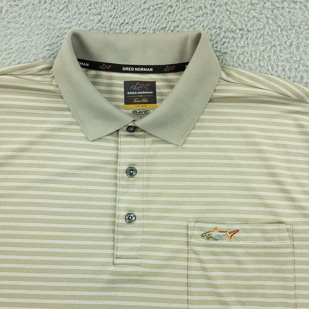 Greg Norman Polo Shirt Mens Large Beige Golf Play Dry Tasso Elba Five Iron