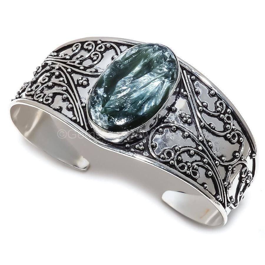 New Year Deal Seraphanite & 925 Silver Boho Wedding Cuff Sister Set