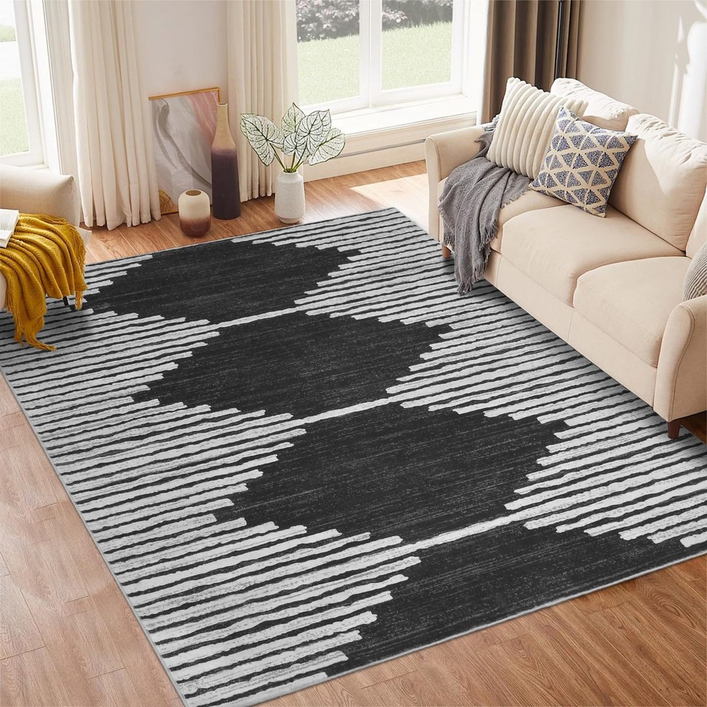 5x7 Washable Moroccan Geometric Rug for Living Room Farmhouse Stripe Design