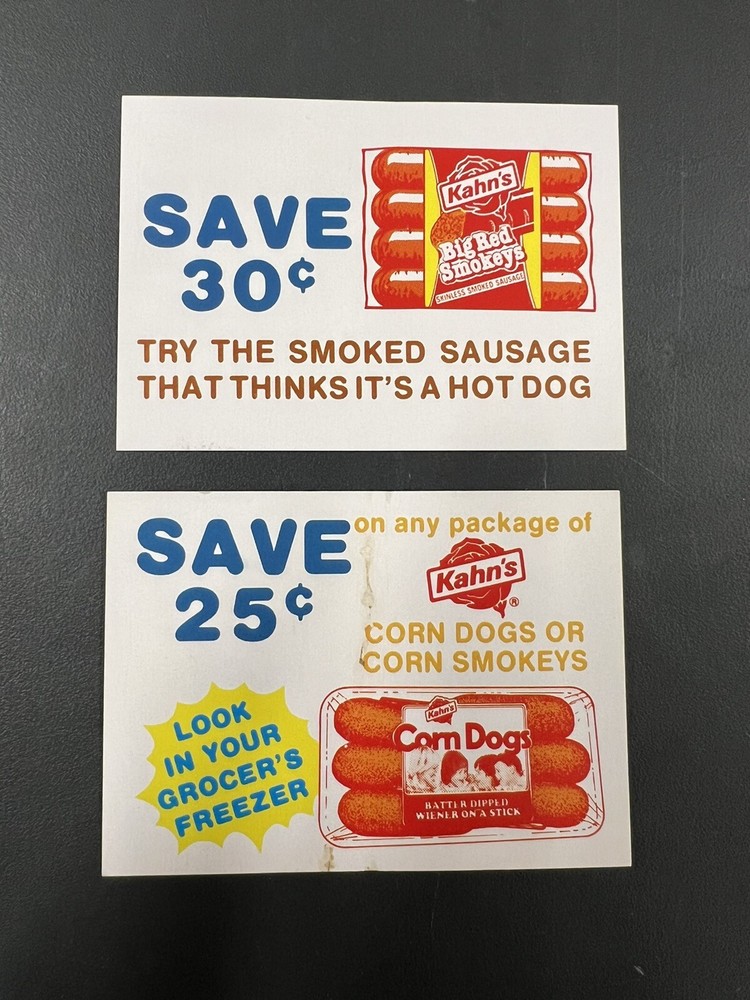 Coupon Card Lot of 2: Vintage 1980s Kahn’s Hot Dogs Corn Dogs Sausage Smokeys-image