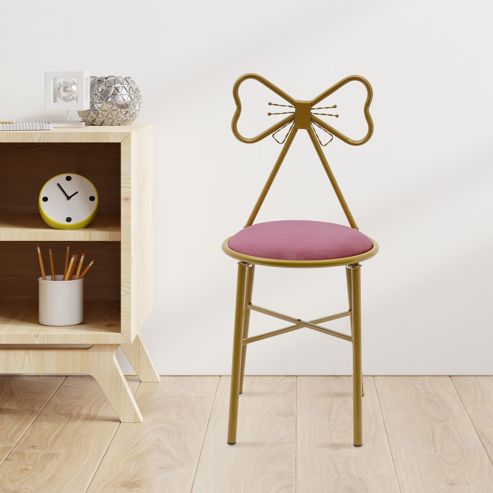 Pink Bow Backrest Princess Makeup Dressing Chair Butterfly Armless Design  
