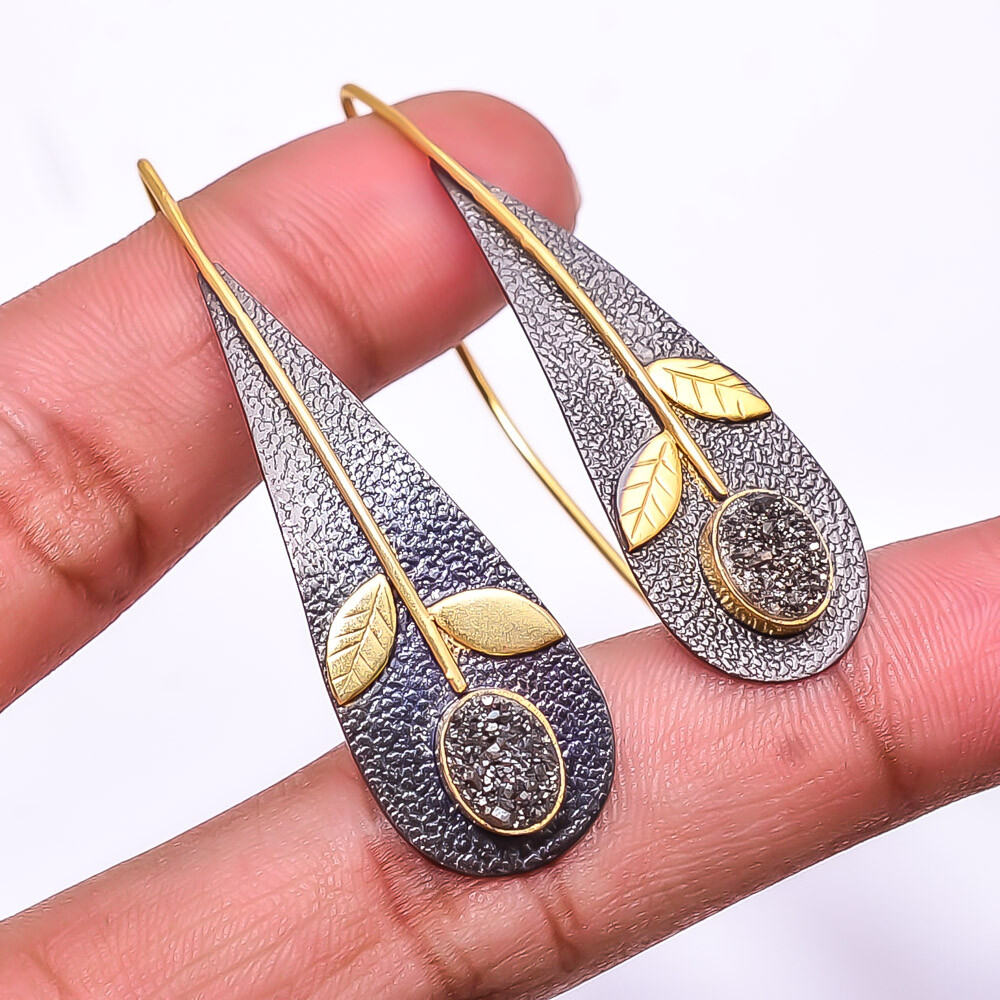Black Titanium Agate Drusy 925 Silver Black & Gold Plated Earring 2.15