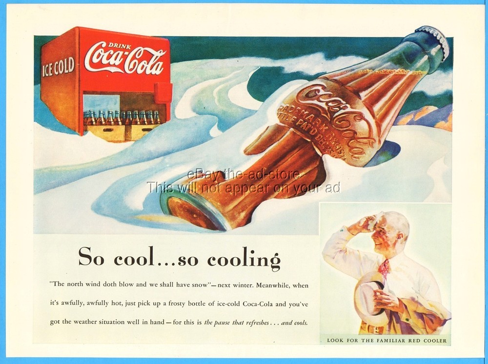 1937 Vintage Coca Cola So Cool Print Ad Retro 30s Art Red Cooler Ad