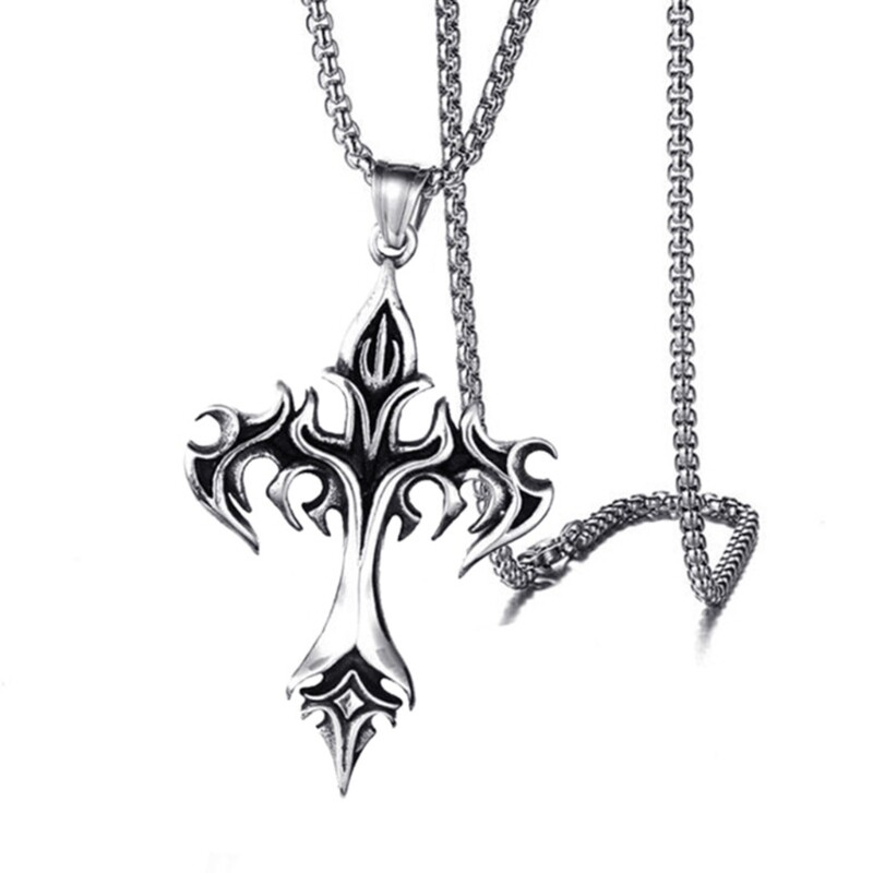 Titaniums Steel Retro Flame Crucifix Necklace Handmade Neckchain for Women Men