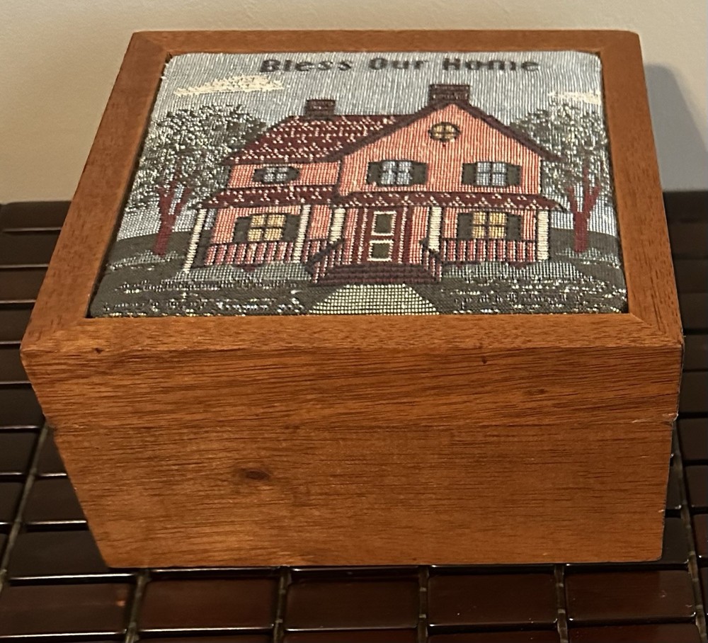 2D Vintage Tapestry Top Wooden Bless Our Home Trinket Box