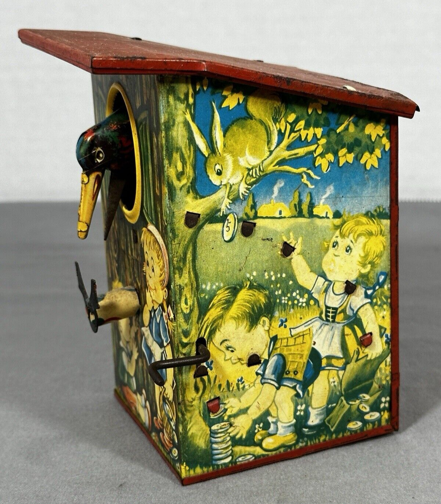 Vintage Germany Tin Litho Crow Bird Stealing Coin Coin Bank Wind Up, Work, VIDEO